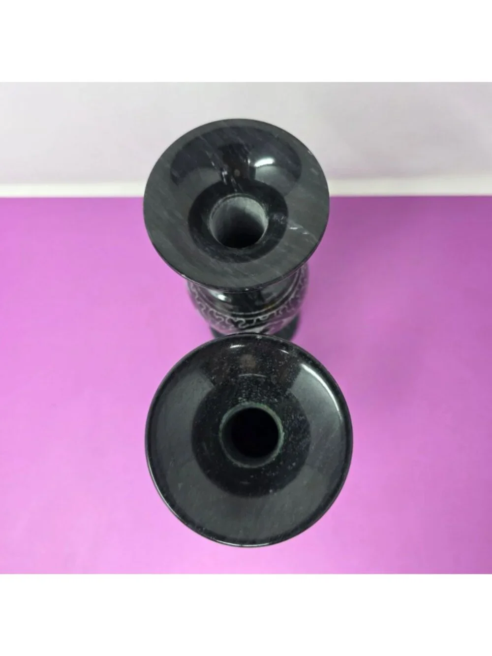 2 Oriental Black Marble Engraved Vases Intricate Designs Decorative Collectibles